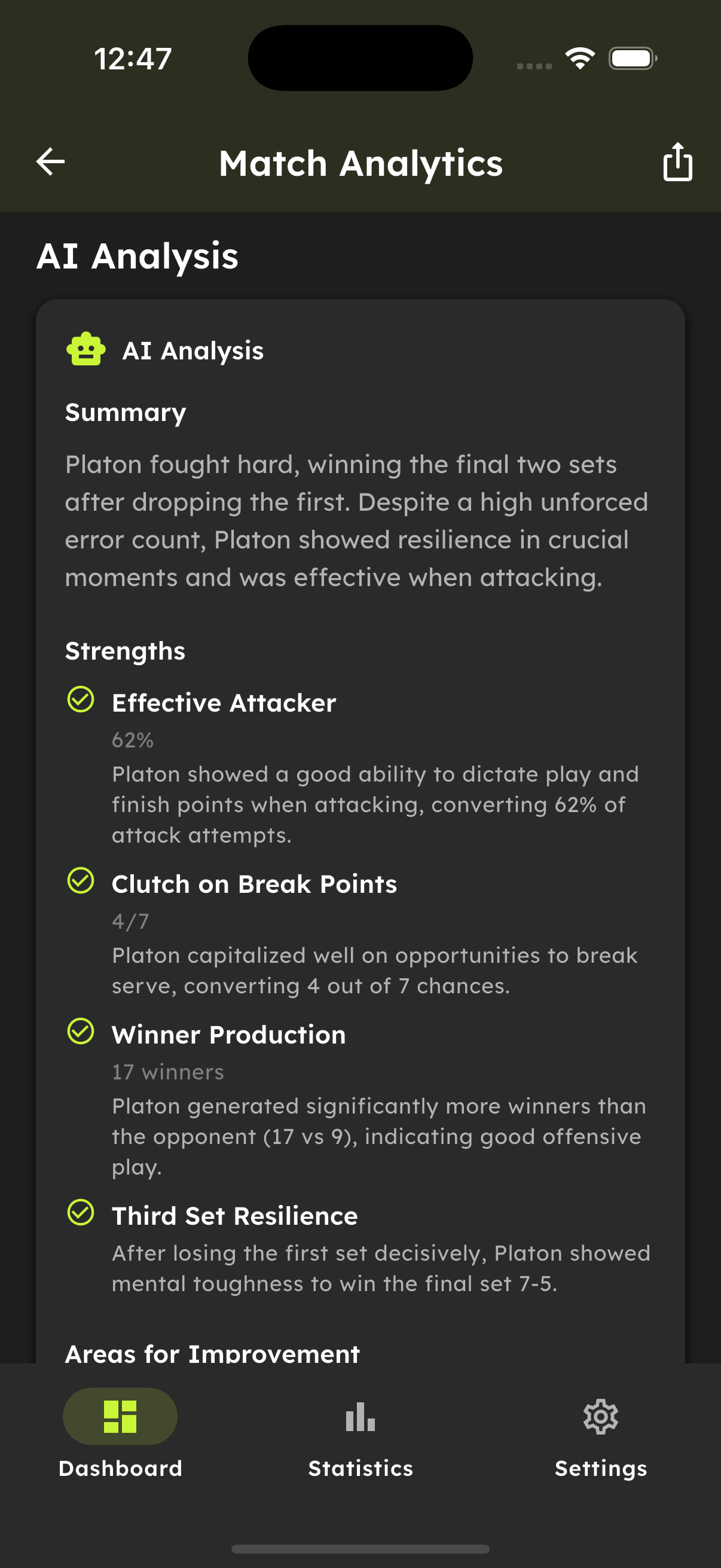 AI analysis showing strengths and improvement areas